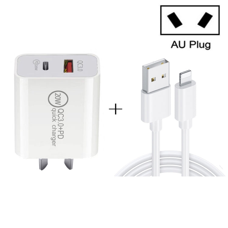 Sạc nhanh du lịch 20W PD Type-C + QC 3.0 USB với cáp dữ liệu sạc nhanh USB sang 8 Pin, phích cắm EU, phích cắm Mỹ, phích cắm Úc