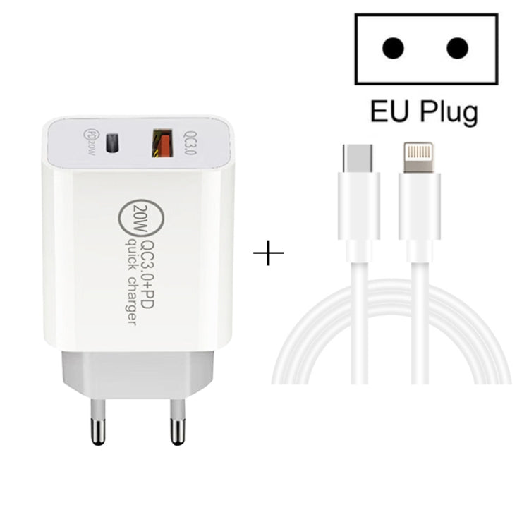 Sạc nhanh du lịch 20W PD Type-C + QC 3.0 USB với cáp dữ liệu sạc nhanh USB-C / Type-C sang 8 Pin, phích cắm EU, phích cắm Mỹ, phích cắm Úc