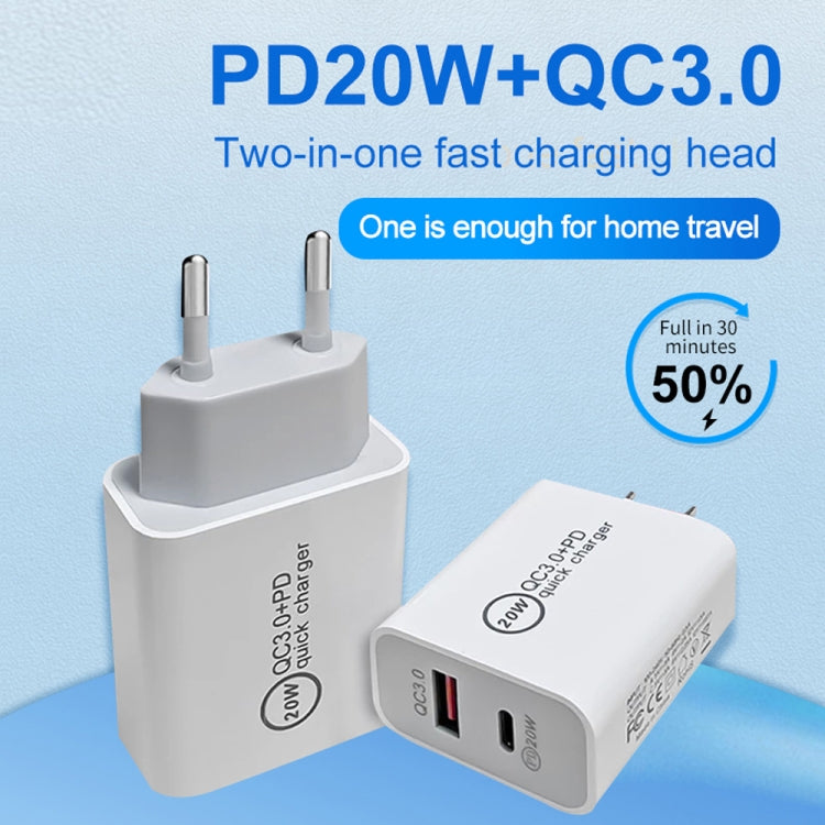 Sạc nhanh du lịch 20W PD Type-C + QC 3.0 USB với cáp dữ liệu sạc nhanh USB-C / Type-C sang 8 Pin, phích cắm EU, phích cắm Mỹ, phích cắm Úc