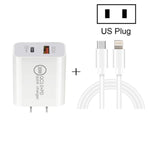 Sạc nhanh du lịch 20W PD Type-C + QC 3.0 USB với cáp dữ liệu sạc nhanh USB-C / Type-C sang 8 Pin, phích cắm EU, phích cắm Mỹ, phích cắm Úc