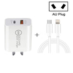 Sạc nhanh du lịch 20W PD Type-C + QC 3.0 USB với cáp dữ liệu sạc nhanh USB-C / Type-C sang 8 Pin, phích cắm EU, phích cắm Mỹ, phích cắm Úc