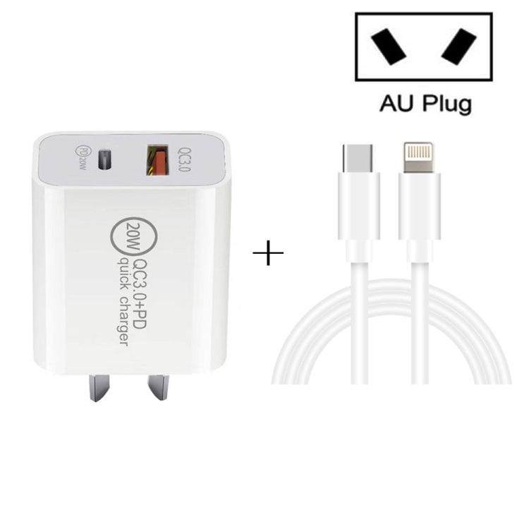 Sạc nhanh du lịch 20W PD Type-C + QC 3.0 USB với cáp dữ liệu sạc nhanh USB-C / Type-C sang 8 Pin, phích cắm EU, phích cắm Mỹ, phích cắm Úc