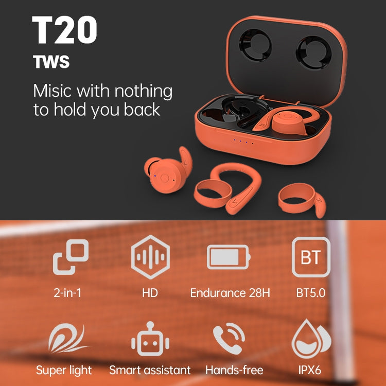 Tai nghe thể thao không dây Bluetooth T20 TWS móc tai, hộp sạc, chống nước IPX6, chống ồn