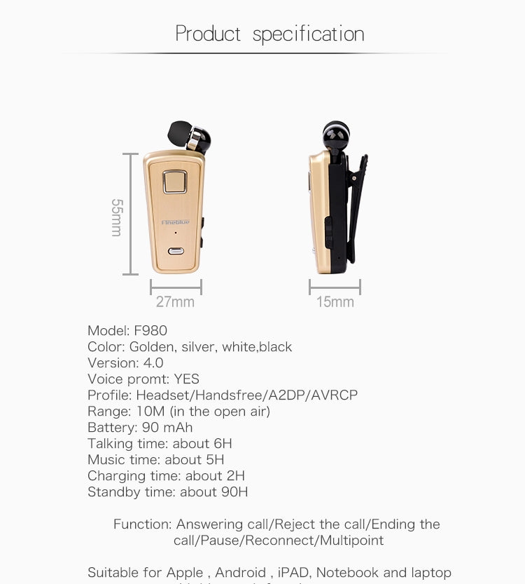 Tai nghe Bluetooth chống trộm F980 CSR4.1 cáp rút, nhắc nhở rung cuộc gọi, màu trắng