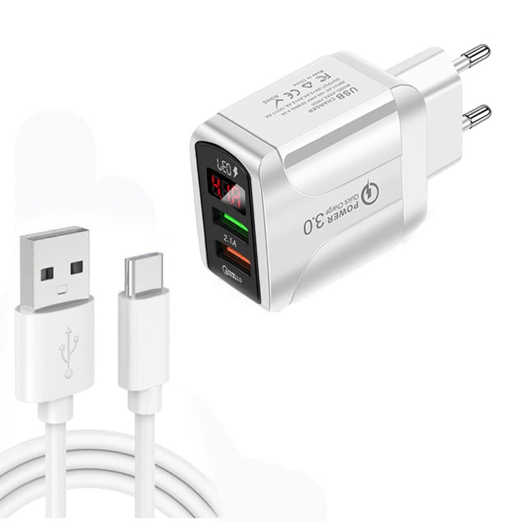 Bộ Sạc Nhanh QC3.0 USB + USB 2.0 F002C với Màn Hình LED Kỹ Thuật Số kèm Cáp Dữ Liệu USB sang Type-C, Phích Cắm EU, Phích Cắm EU + Cáp Type-C