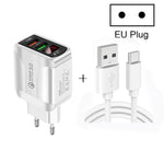 Bộ Sạc Nhanh QC3.0 USB + USB 2.0 F002C với Màn Hình LED Kỹ Thuật Số kèm Cáp Dữ Liệu USB sang Type-C, Phích Cắm EU, Phích Cắm EU + Cáp Type-C