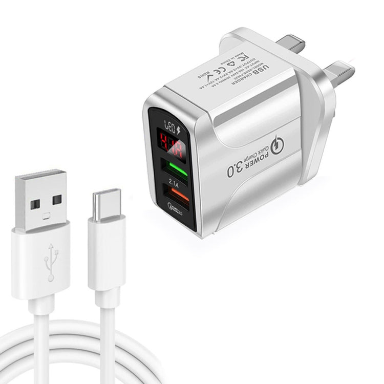 Bộ Sạc Nhanh QC3.0 USB + USB 2.0 F002C với Màn Hình LED Kỹ Thuật Số kèm Cáp Dữ Liệu USB sang Type-C, Phích Cắm Anh, Phích Cắm Anh + Cáp Type-C