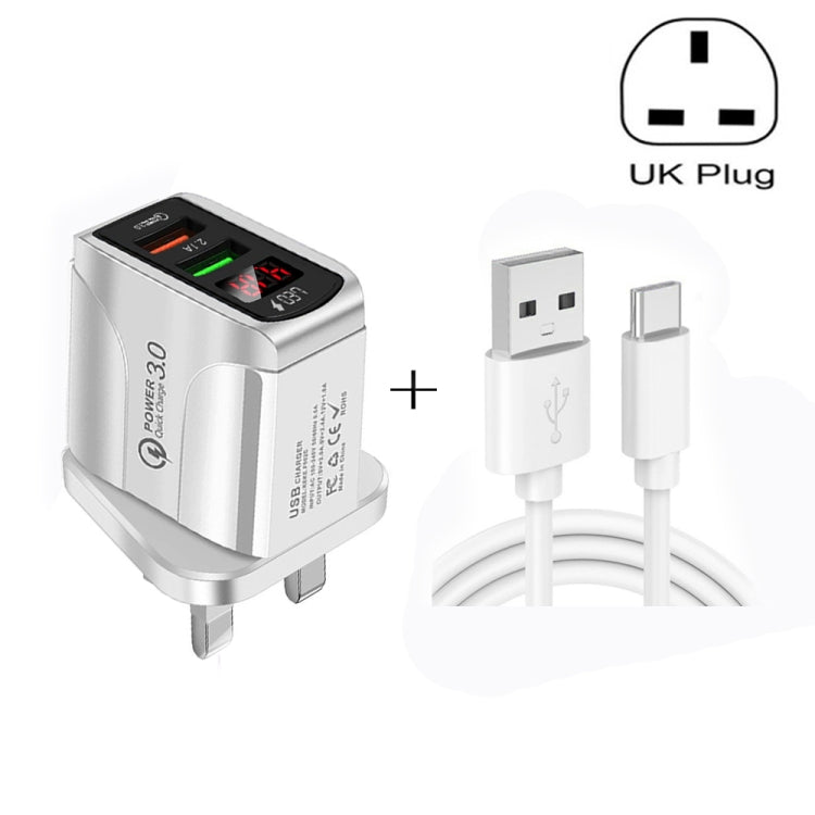 Bộ Sạc Nhanh QC3.0 USB + USB 2.0 F002C với Màn Hình LED Kỹ Thuật Số kèm Cáp Dữ Liệu USB sang Type-C, Phích Cắm Anh, Phích Cắm Anh + Cáp Type-C