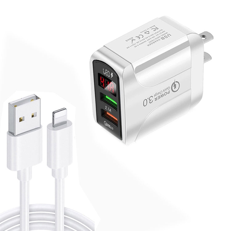 F002C Sạc nhanh QC3.0 USB + USB 2.0 hiển thị kỹ thuật số LED với cáp dữ liệu USB sang 8 Pin, phích cắm Mỹ, phích cắm Mỹ + cáp 8 Pin