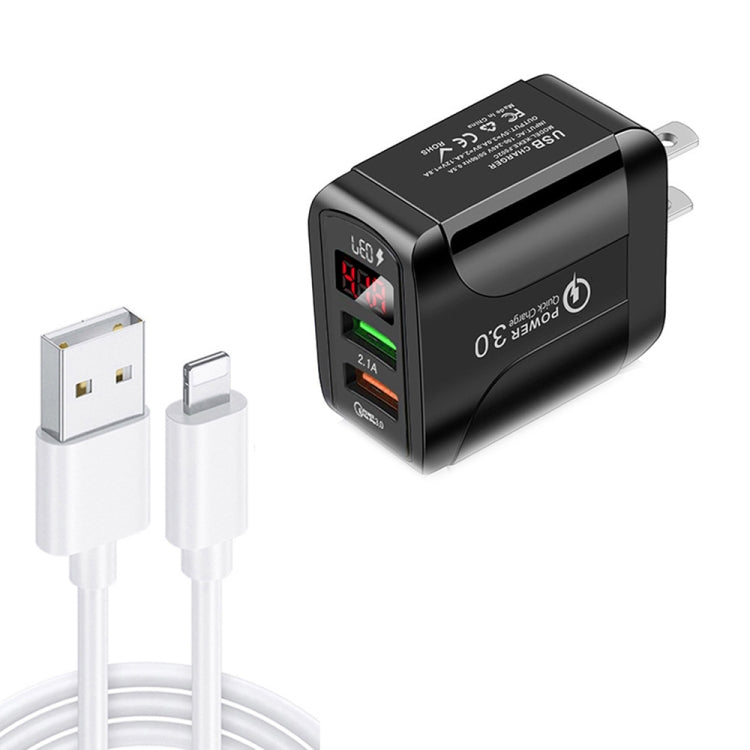 F002C Sạc nhanh QC3.0 USB + USB 2.0 hiển thị kỹ thuật số LED với cáp dữ liệu USB sang 8 Pin, phích cắm Mỹ, phích cắm Mỹ + cáp 8 Pin