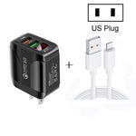 F002C Sạc nhanh QC3.0 USB + USB 2.0 hiển thị kỹ thuật số LED với cáp dữ liệu USB sang 8 Pin, phích cắm Mỹ, phích cắm Mỹ + cáp 8 Pin
