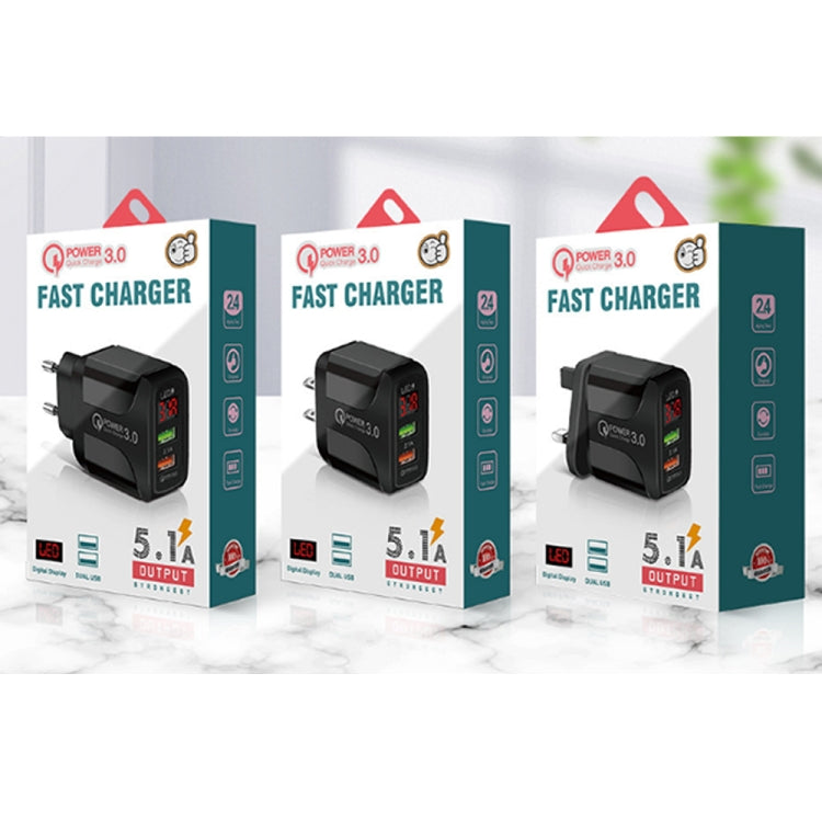F002C QC3.0 USB + USB 2.0 LED Digital Display Fast Charger with USB to 8 Pin Data Cable, US Plug, US Plug +  8 Pin Cable