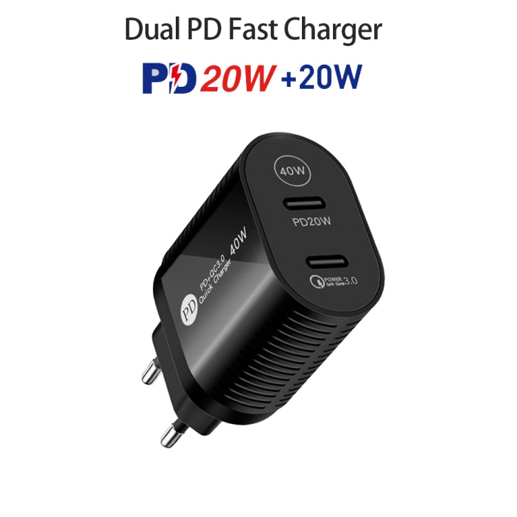Sạc nhanh cổng đôi 40W PD / Type-C với cáp dữ liệu Type-C sang 8 Pin, phích cắm EU + cáp Type-C sang 8 Pin