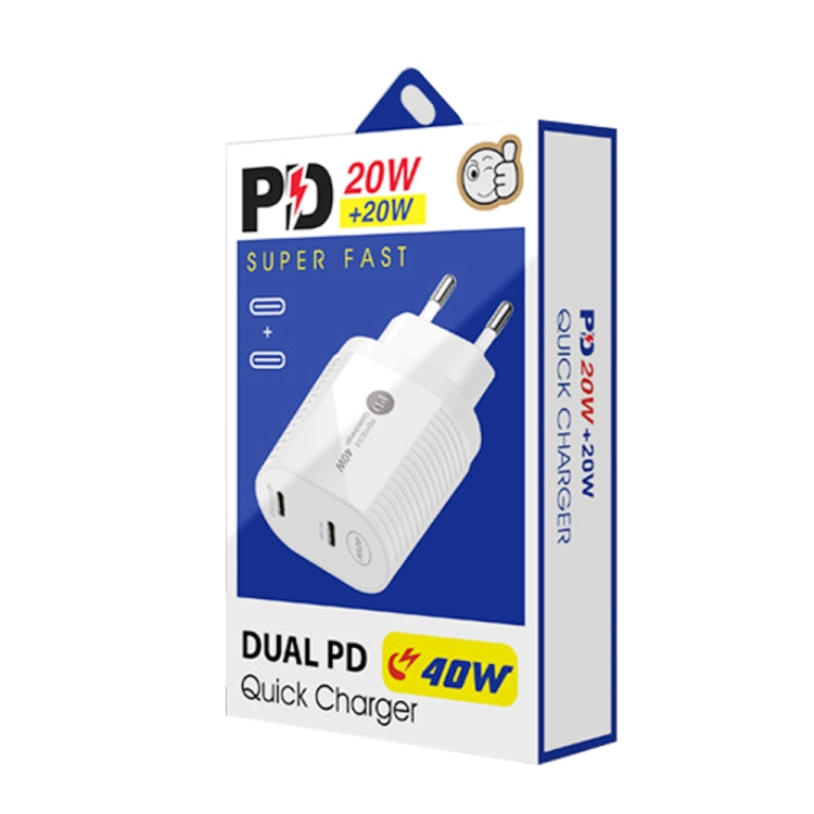 Sạc nhanh cổng đôi 40W PD / Type-C với cáp dữ liệu Type-C sang 8 Pin, phích cắm EU + cáp Type-C sang 8 Pin
