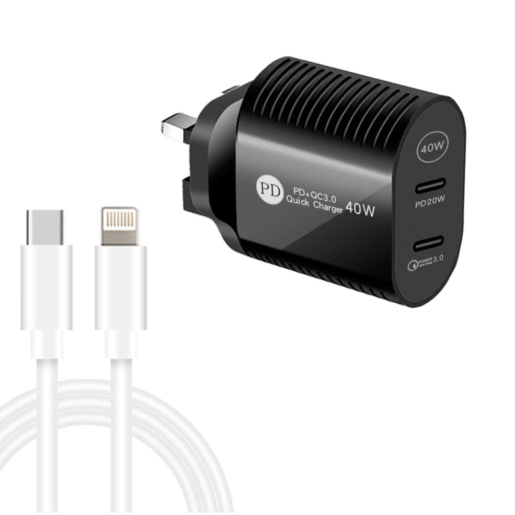 Sạc nhanh cổng đôi 40W PD / Type-C với cáp dữ liệu Type-C sang 8 Pin, phích cắm Anh + cáp Type-C sang 8 Pin