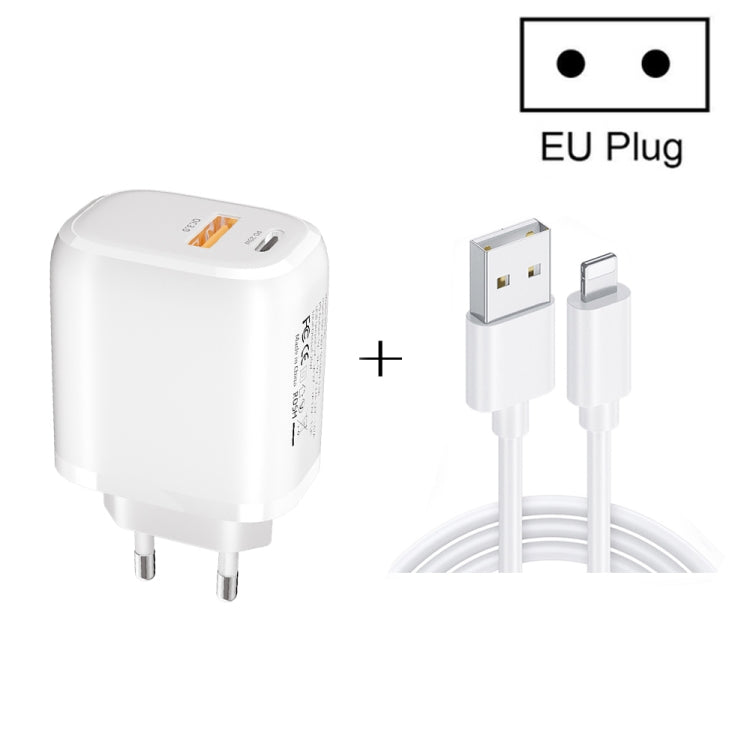 Bộ sạc nhanh di động mini CS-20W PD3.0 + QC3.0 hai cổng với cáp dữ liệu USB 3A sang 8 Pin, Bộ sạc + cáp USB sang 8 Pin
