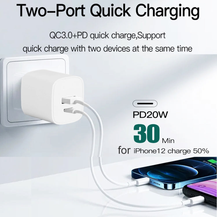 Bộ sạc nhanh di động mini CS-20W PD3.0 + QC3.0 hai cổng với cáp dữ liệu USB 3A sang 8 Pin, Bộ sạc + cáp USB sang 8 Pin