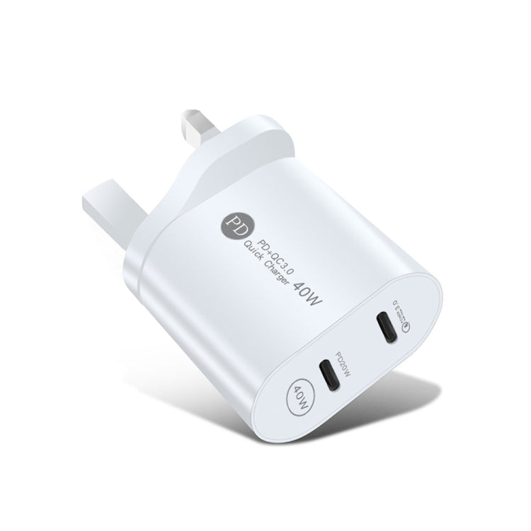 Bộ sạc nhanh 40W hai cổng PD USB-C / Type-C 002 cho dòng iPhone / iPad, phích cắm UK, phích cắm UK