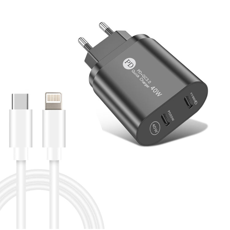 Bộ sạc nhanh 40W hai cổng PD / Type-C 002 với cáp dữ liệu USB-C sang 8 Pin, phích cắm EU, phích cắm EU + cáp Type-C sang 8 Pin