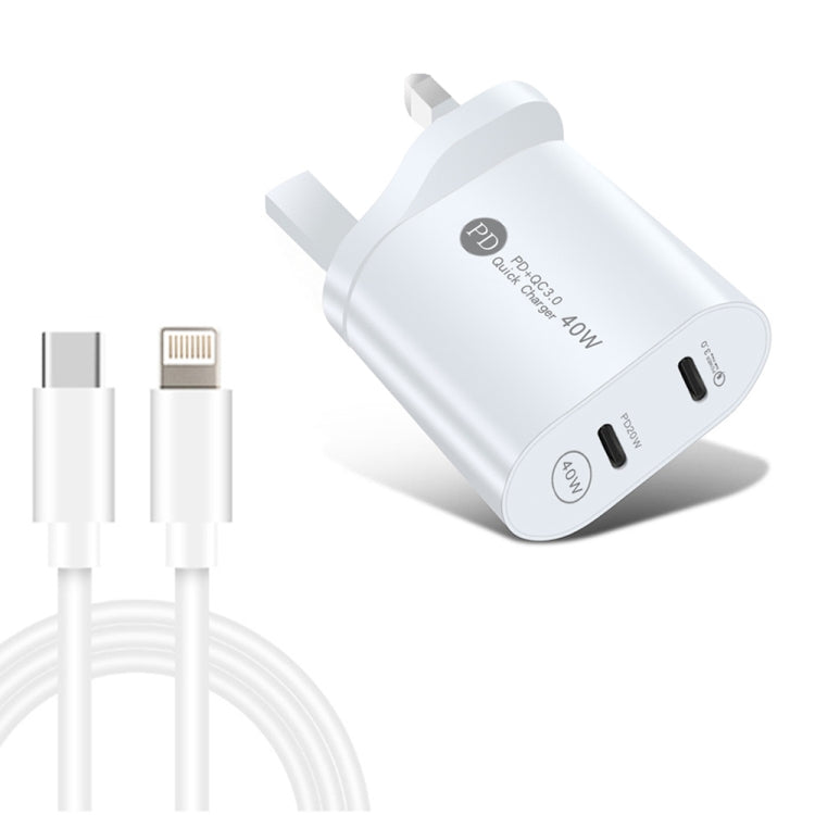 Bộ sạc nhanh 40W hai cổng PD / Type-C 002 với cáp dữ liệu USB-C sang 8 Pin, phích cắm UK, phích cắm UK + cáp Type-C sang 8 Pin