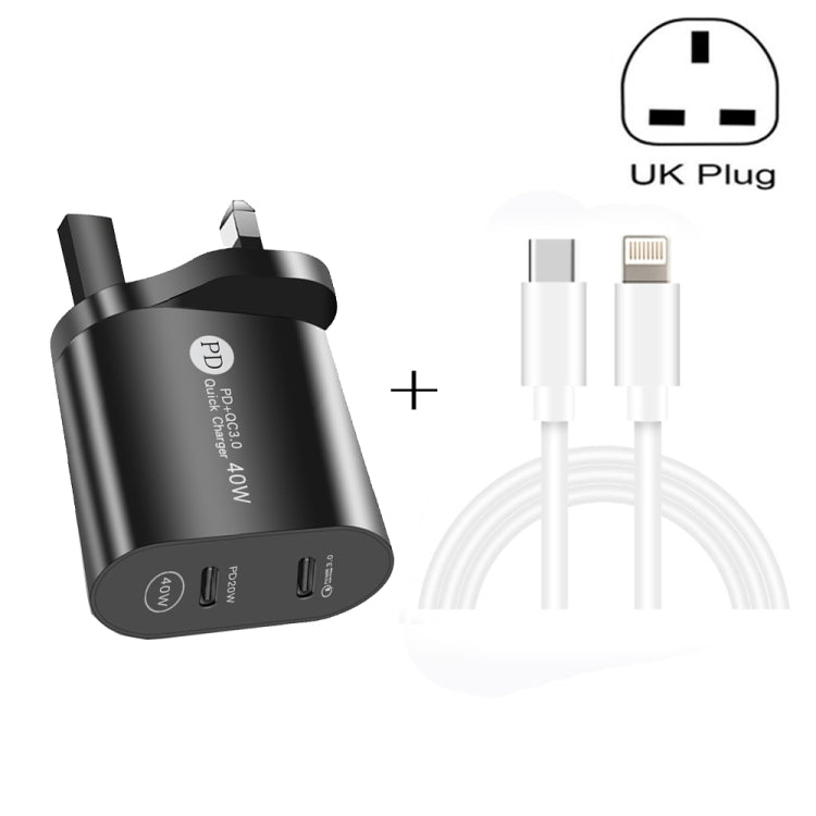 Bộ sạc nhanh 40W hai cổng PD / Type-C 002 với cáp dữ liệu USB-C sang 8 Pin, phích cắm UK, phích cắm UK + cáp Type-C sang 8 Pin