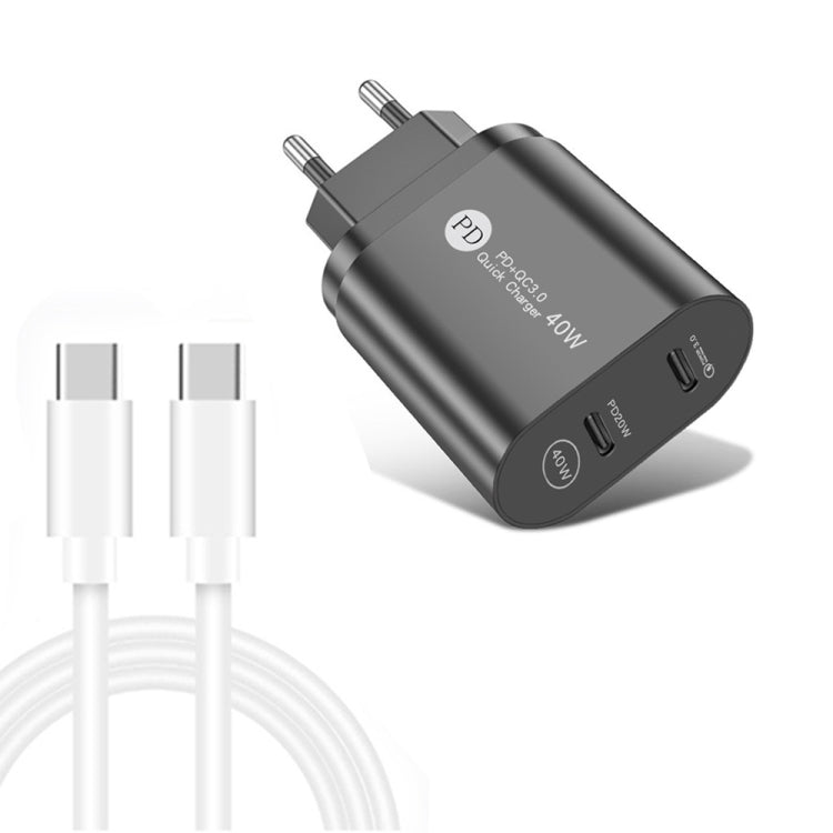 Bộ Sạc USB-C / Type-C Cổng Kép 40W PD3.0 002 kèm Cáp Dữ Liệu Type-C sang Type-C, Phích Cắm EU, Phích Cắm EU + Cáp Type-C sang Type-C