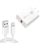 Bộ sạc USB cổng đơn 18W QC3.0 APD-2003 kèm cáp dữ liệu USB 1m sang Type-C, Phích cắm EU + cáp USB sang Type-C, Phích cắm US + cáp USB sang Type-C