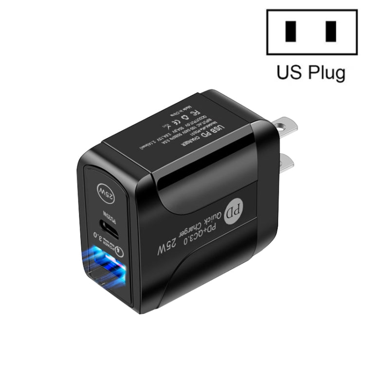 Bộ sạc nhanh PD25W USB-C / Type-C + QC3.0 USB hai cổng, phích cắm US, phích cắm US
