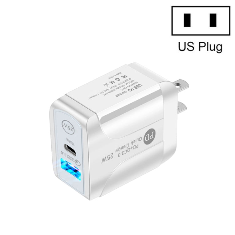 Bộ sạc nhanh PD25W USB-C / Type-C + QC3.0 USB hai cổng, phích cắm US, phích cắm US
