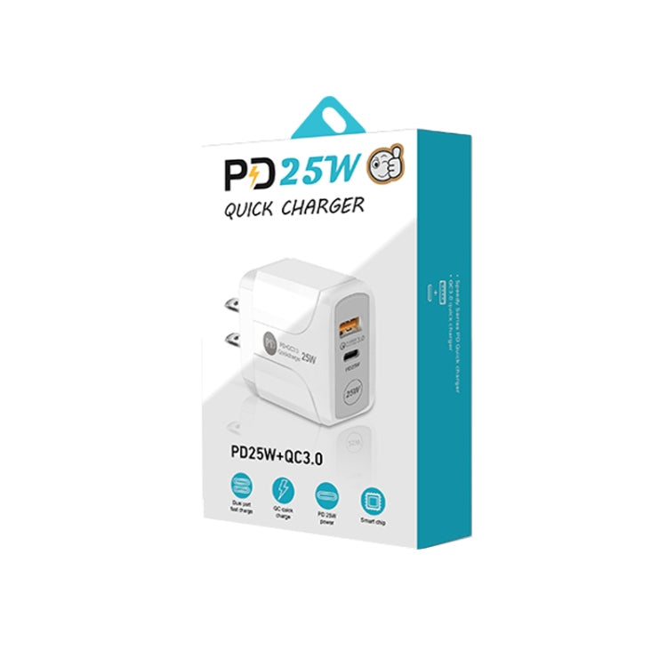 Bộ sạc nhanh PD25W USB-C / Type-C + QC3.0 USB hai cổng, phích cắm US, phích cắm US