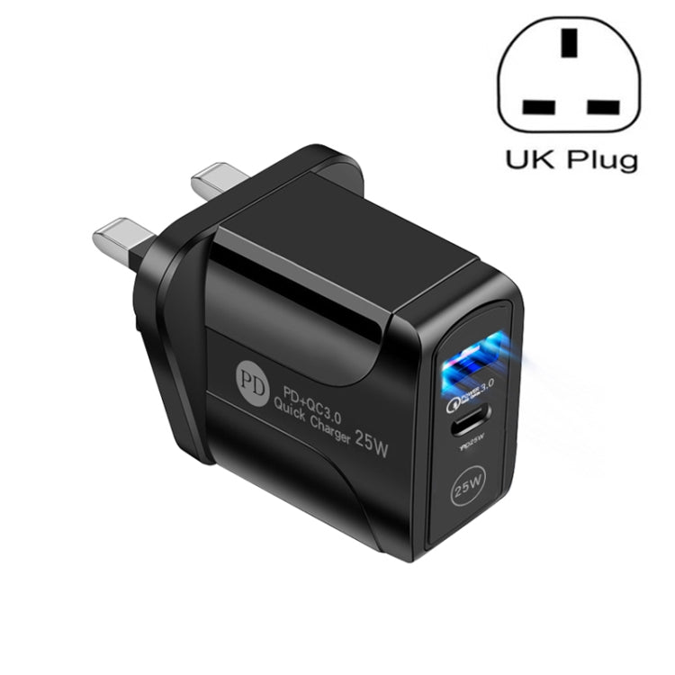 Bộ sạc nhanh PD25W USB-C / Type-C + QC3.0 USB hai cổng, phích cắm UK, phích cắm UK