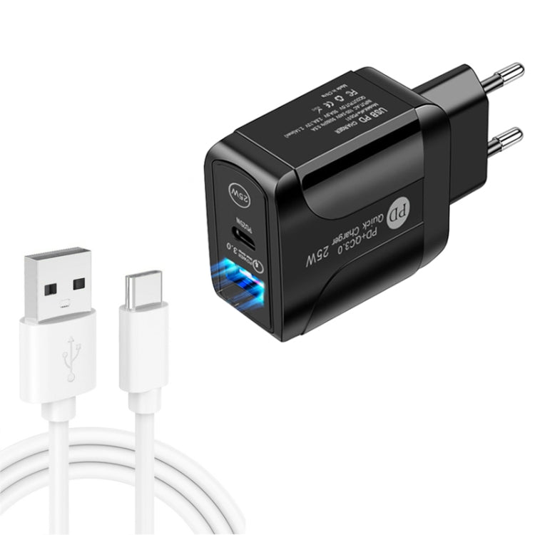 Bộ sạc nhanh 2 cổng USB-C / Type-C + QC3.0 USB PD25W kèm cáp dữ liệu USB sang Type-C, Phích cắm EU, Phích cắm EU + cáp USB sang Type-C