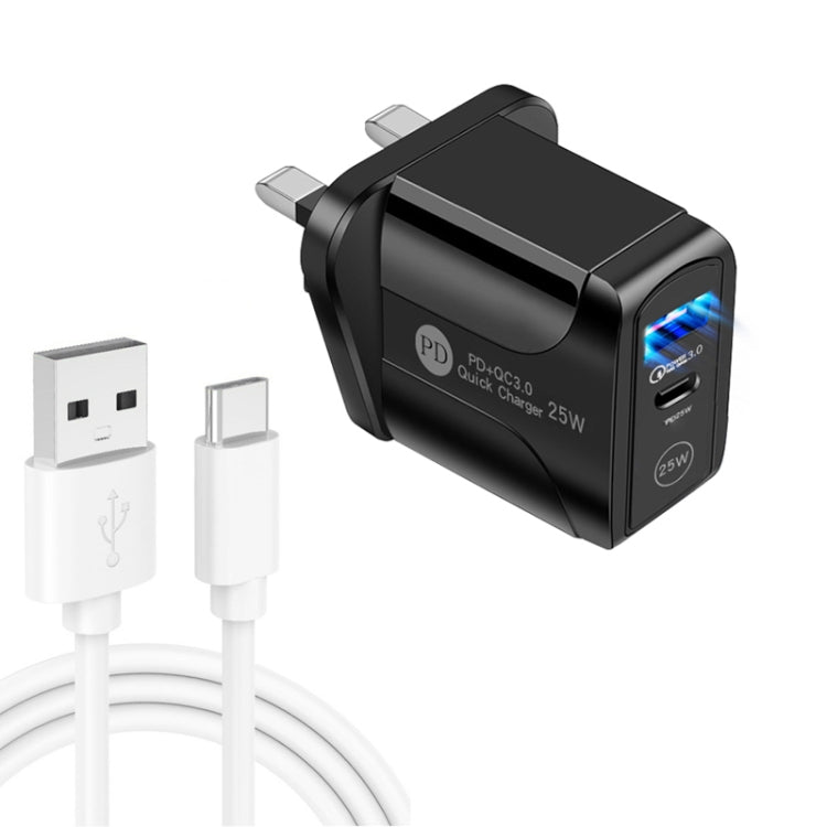 Bộ sạc nhanh 2 cổng USB-C / Type-C + QC3.0 USB PD25W kèm cáp dữ liệu USB sang Type-C, Phích cắm UK, Phích cắm UK + cáp USB sang Type-C