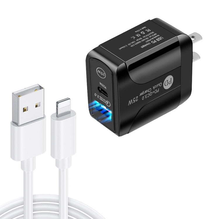 Bộ sạc nhanh PD25W USB-C / Type-C + QC3.0 USB hai cổng với cáp dữ liệu USB sang 8 Pin, phích cắm US, phích cắm US + cáp USB sang 8 Pin