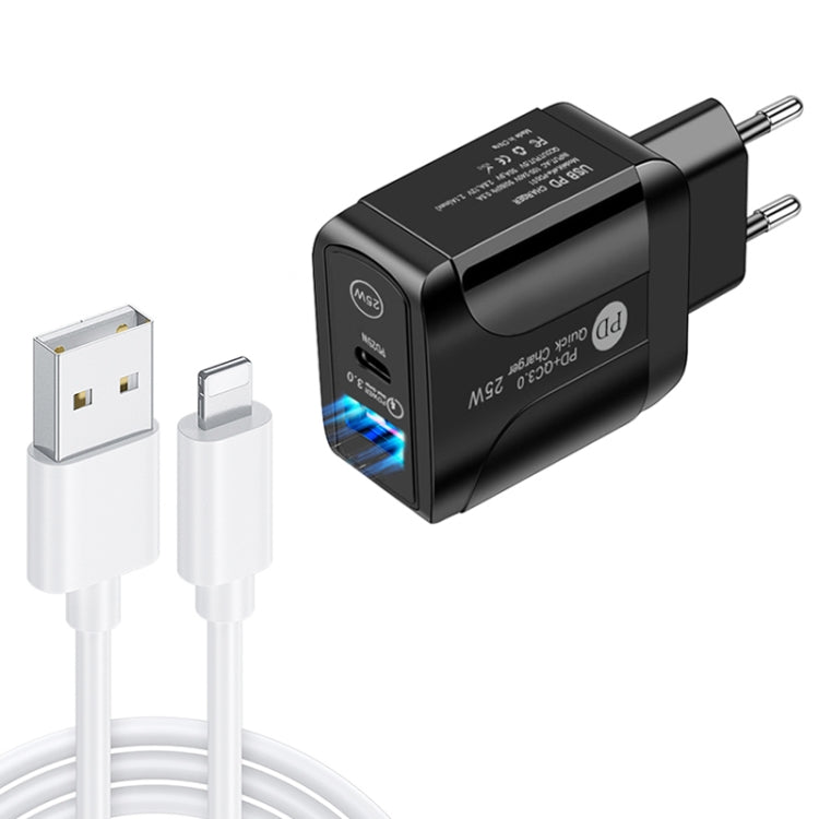 Bộ sạc nhanh PD25W USB-C / Type-C + QC3.0 USB hai cổng với cáp dữ liệu USB sang 8 Pin, phích cắm EU, phích cắm EU + cáp USB sang 8 Pin
