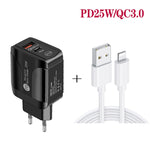 Bộ sạc nhanh PD25W USB-C / Type-C + QC3.0 USB hai cổng với cáp dữ liệu USB sang 8 Pin, phích cắm EU, phích cắm EU + cáp USB sang 8 Pin