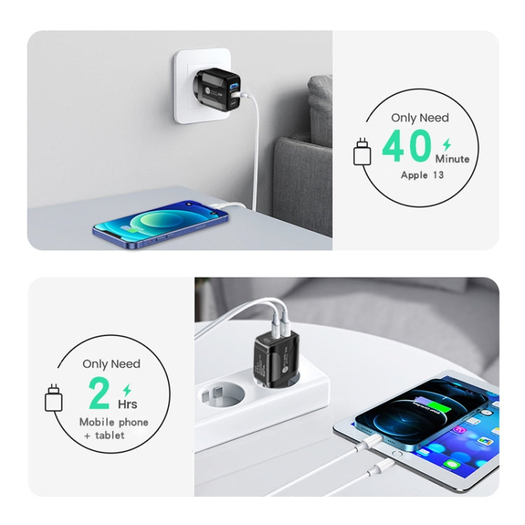 Bộ sạc nhanh PD25W USB-C / Type-C + QC3.0 USB hai cổng với cáp dữ liệu USB sang 8 Pin, phích cắm EU, phích cắm EU + cáp USB sang 8 Pin