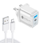 Bộ sạc nhanh PD25W USB-C / Type-C + QC3.0 USB hai cổng với cáp dữ liệu USB sang 8 Pin, phích cắm UK, phích cắm UK + cáp USB sang 8 Pin