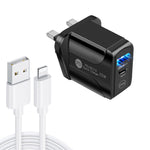 Bộ sạc nhanh PD25W USB-C / Type-C + QC3.0 USB hai cổng với cáp dữ liệu USB sang 8 Pin, phích cắm UK, phích cắm UK + cáp USB sang 8 Pin