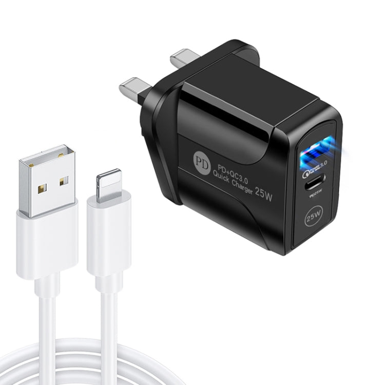 Bộ sạc nhanh PD25W USB-C / Type-C + QC3.0 USB hai cổng với cáp dữ liệu USB sang 8 Pin, phích cắm UK, phích cắm UK + cáp USB sang 8 Pin
