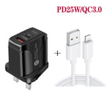 Bộ sạc nhanh PD25W USB-C / Type-C + QC3.0 USB hai cổng với cáp dữ liệu USB sang 8 Pin, phích cắm UK, phích cắm UK + cáp USB sang 8 Pin
