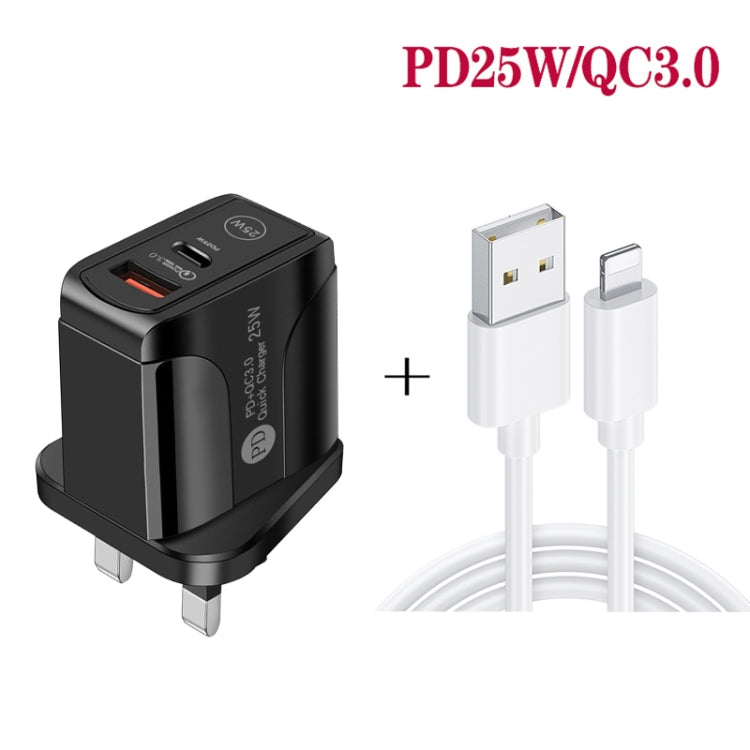 Bộ sạc nhanh PD25W USB-C / Type-C + QC3.0 USB hai cổng với cáp dữ liệu USB sang 8 Pin, phích cắm UK, phích cắm UK + cáp USB sang 8 Pin