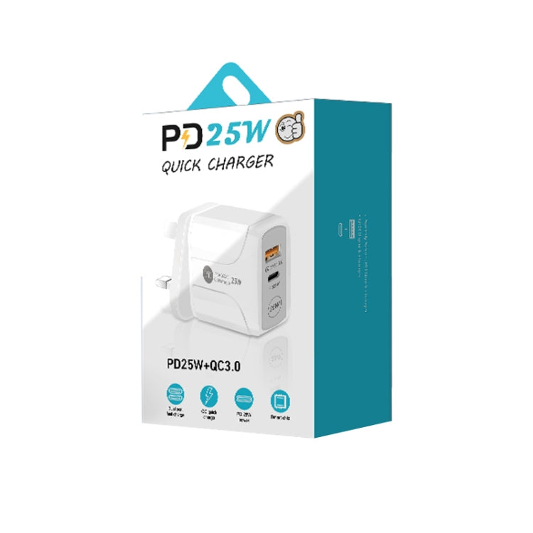 Bộ sạc nhanh PD25W USB-C / Type-C + QC3.0 USB hai cổng với cáp dữ liệu USB sang 8 Pin, phích cắm UK, phích cắm UK + cáp USB sang 8 Pin