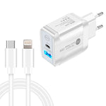 Bộ sạc nhanh PD25W USB-C / Type-C + QC3.0 USB hai cổng với cáp dữ liệu USB-C sang 8 Pin, phích cắm EU, phích cắm EU + cáp USB-C sang 8 Pin