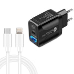 Bộ sạc nhanh PD25W USB-C / Type-C + QC3.0 USB hai cổng với cáp dữ liệu USB-C sang 8 Pin, phích cắm EU, phích cắm EU + cáp USB-C sang 8 Pin