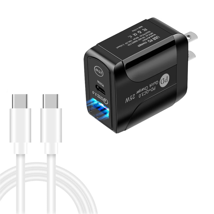 Bộ sạc nhanh 2 cổng USB-C / Type-C + QC3.0 USB PD25W kèm cáp dữ liệu USB-C sang USB-C, Phích cắm US, Phích cắm US + cáp USB-C sang USB-C