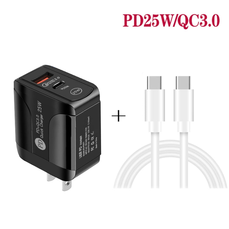 Bộ sạc nhanh 2 cổng USB-C / Type-C + QC3.0 USB PD25W kèm cáp dữ liệu USB-C sang USB-C, Phích cắm US, Phích cắm US + cáp USB-C sang USB-C