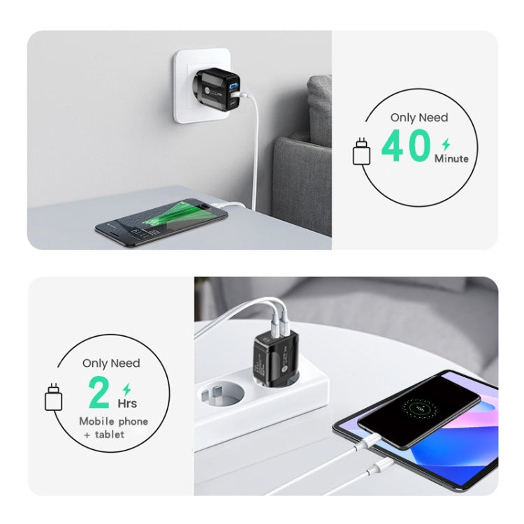Bộ sạc nhanh 2 cổng USB-C / Type-C + QC3.0 USB PD25W kèm cáp dữ liệu USB-C sang USB-C, Phích cắm US, Phích cắm US + cáp USB-C sang USB-C