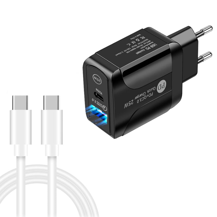 Bộ sạc nhanh 2 cổng USB-C / Type-C + QC3.0 USB PD25W kèm cáp dữ liệu USB-C sang USB-C, Phích cắm EU, Phích cắm EU + cáp USB-C sang USB-C