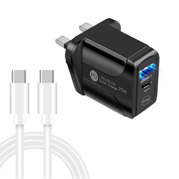 Bộ sạc nhanh 2 cổng USB-C / Type-C + QC3.0 USB PD25W kèm cáp dữ liệu USB-C sang USB-C, Phích cắm UK, Phích cắm UK + cáp USB-C sang USB-C